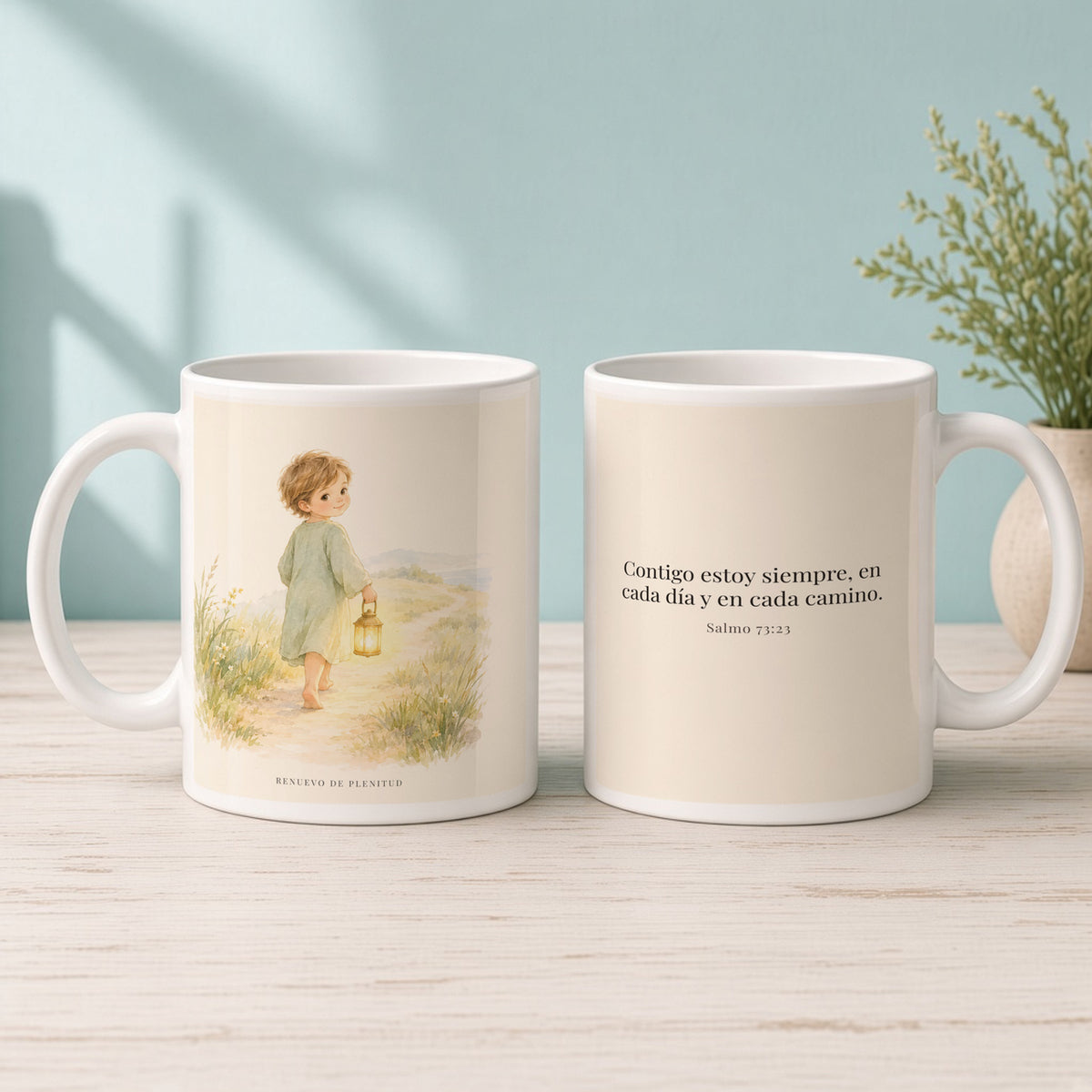 Contigo estoy siempre | Taza de inspiración bíblica | Salmo 73:23 — 15oz · Mañana aqua, arte y frase devocional en dos tazas