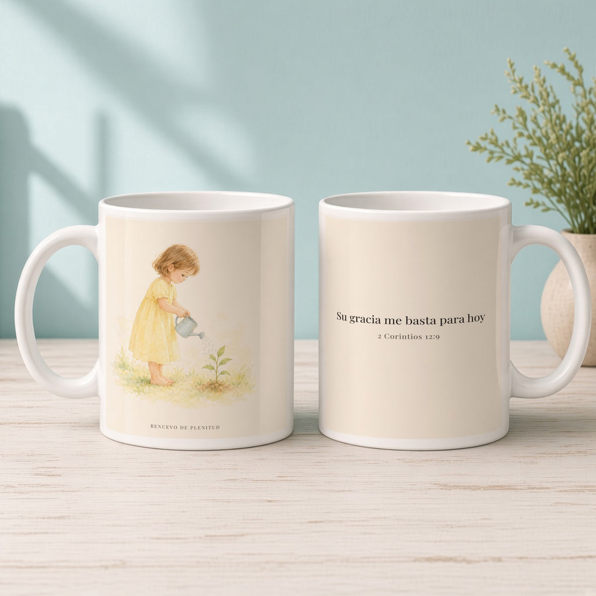 Su gracia me basta para hoy | Taza devocional de fe | 2 Corintios 12:9 — 15oz · Mañana aqua, arte y frase devocional en dos tazas
