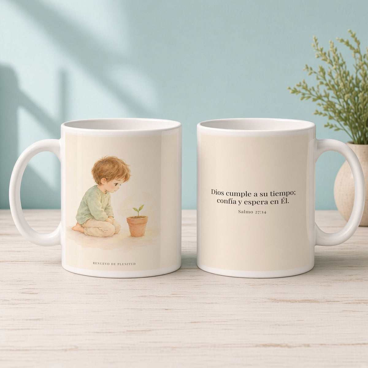 El Señor nunca llega tarde | Taza de inspiración bíblica | Salmo 27:14 — 15oz · Mañana aqua, arte y frase devocional en dos tazas