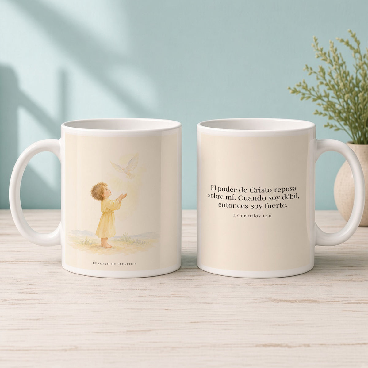 El poder de Cristo reposa sobre mí | Taza devocional ilustrada | 2 Corintios 12:9 — 15oz · Mañana aqua, arte y frase devocional en dos tazas