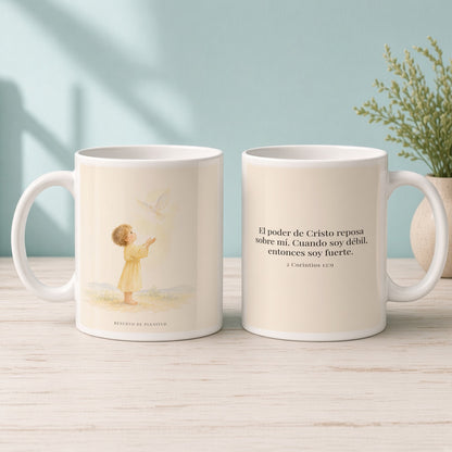 El poder de Cristo reposa sobre mí | Taza devocional ilustrada | 2 Corintios 12:9 — 15oz · Mañana aqua, arte y frase devocional en dos tazas