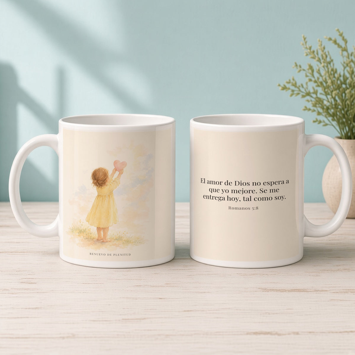 Dios demuestra su amor para conmigo | Taza de fe para cada mañana | Romanos 5:8 — 15oz · Mañana aqua, arte y frase devocional en dos tazas