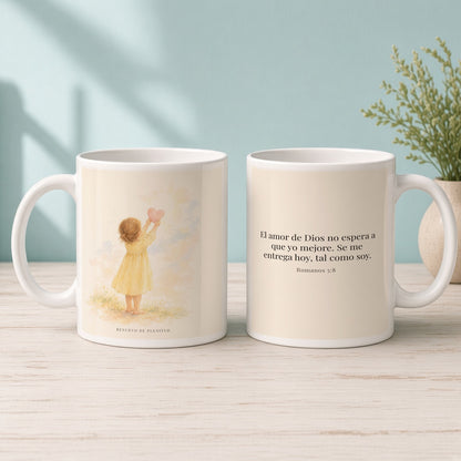 Dios demuestra su amor para conmigo | Taza de fe para cada mañana | Romanos 5:8 — 15oz · Mañana aqua, arte y frase devocional en dos tazas