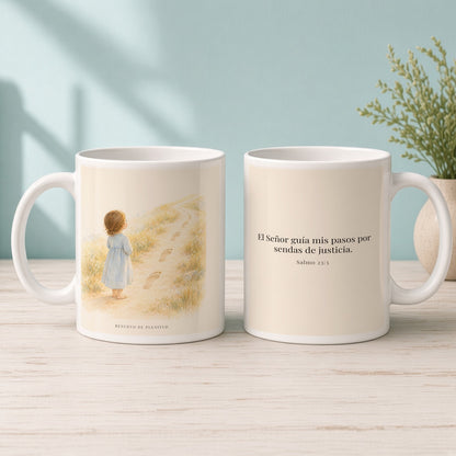 El Señor guía mis pasos | Taza con arte cristiano | Salmo 23:3 — 15oz · Mañana aqua, arte y frase devocional en dos tazas