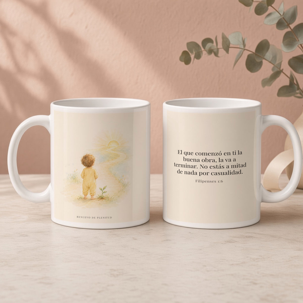 Dios terminará la buena obra que empezó en mí | Taza bíblica de cerámica | Filipenses 1:6 — 15oz · Regalo rosa empolvado, arte y frase devocional en dos tazas