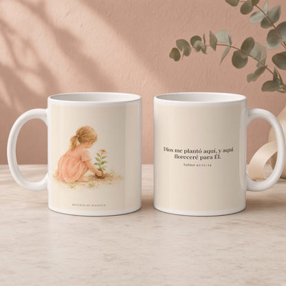 Dios me plantó aquí para florecer | Taza cristiana con frase devocional | Salmo 92:13-14 — 15oz · Regalo rosa empolvado, arte y frase devocional en dos tazas
