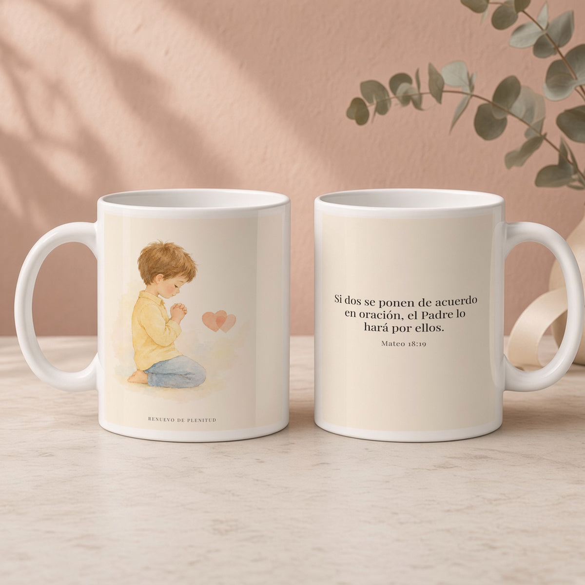 Donde dos se ponen de acuerdo | Taza devocional de fe | Mateo 18:19 — 15oz · Regalo rosa empolvado, arte y frase devocional en dos tazas