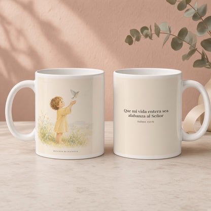 Que mi vida entera sea alabanza | Taza de inspiración bíblica | Salmo 150:6 — 15oz · Regalo rosa empolvado, arte y frase devocional en dos tazas