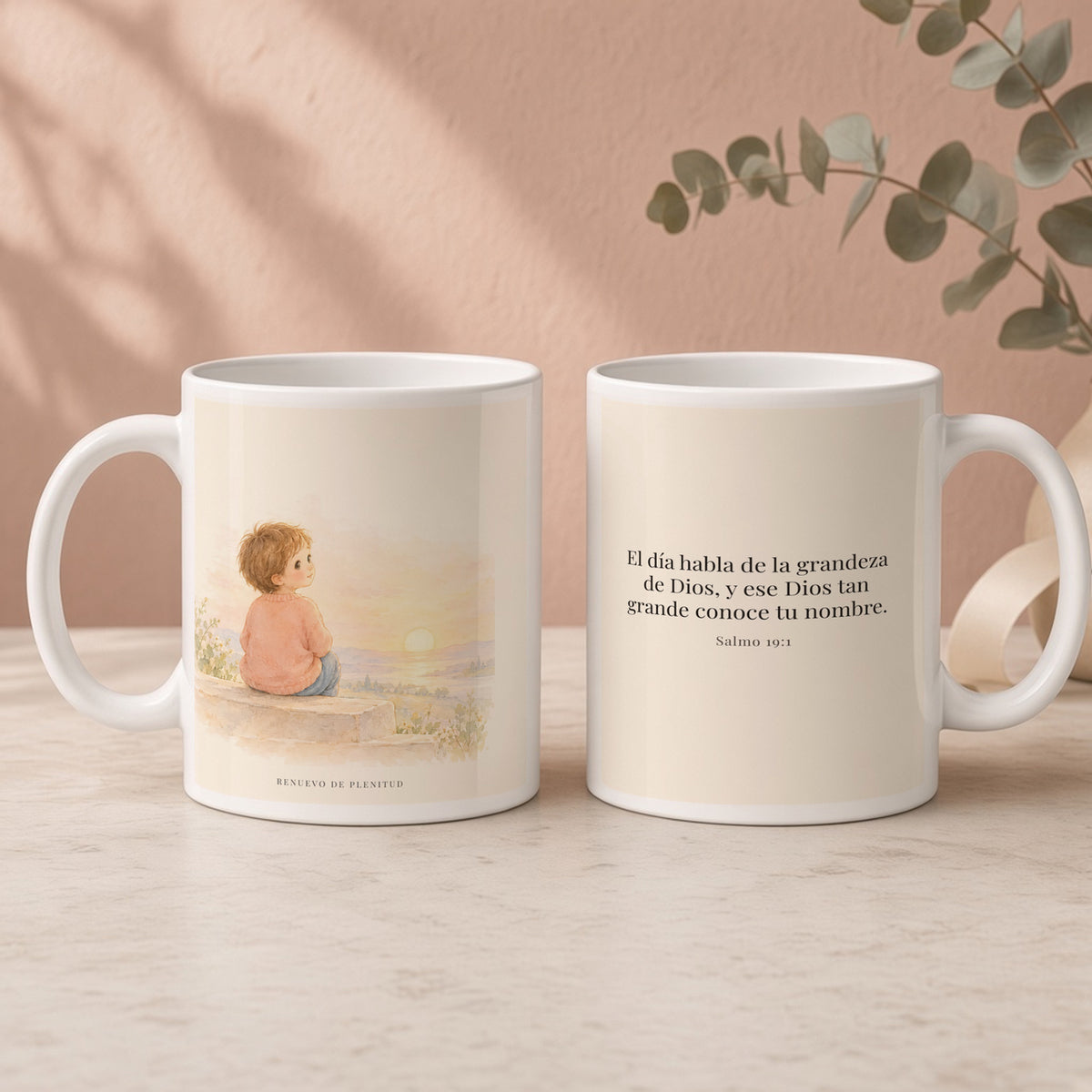 El día habla de la grandeza de Dios | Taza con arte cristiano | Salmo 19:1 — 15oz · Regalo rosa empolvado, arte y frase devocional en dos tazas