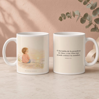 El día habla de la grandeza de Dios | Taza con arte cristiano | Salmo 19:1 — 15oz · Regalo rosa empolvado, arte y frase devocional en dos tazas