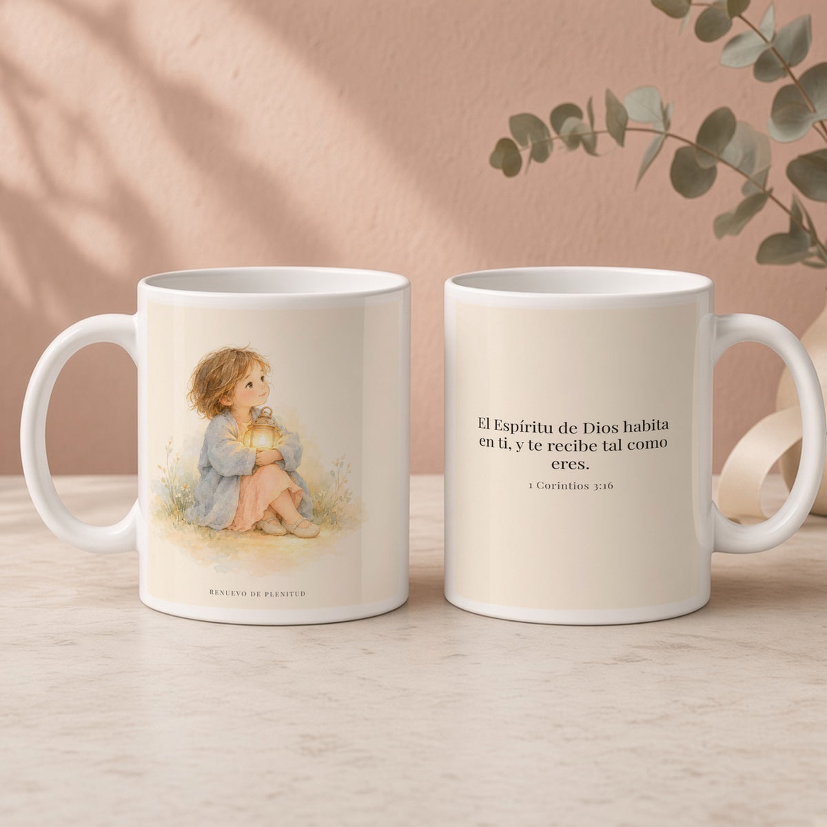 El Espíritu de Dios habita en ti | Taza con arte cristiano | 1 Corintios 3:16 — 15oz · Regalo rosa empolvado, arte y frase devocional en dos tazas