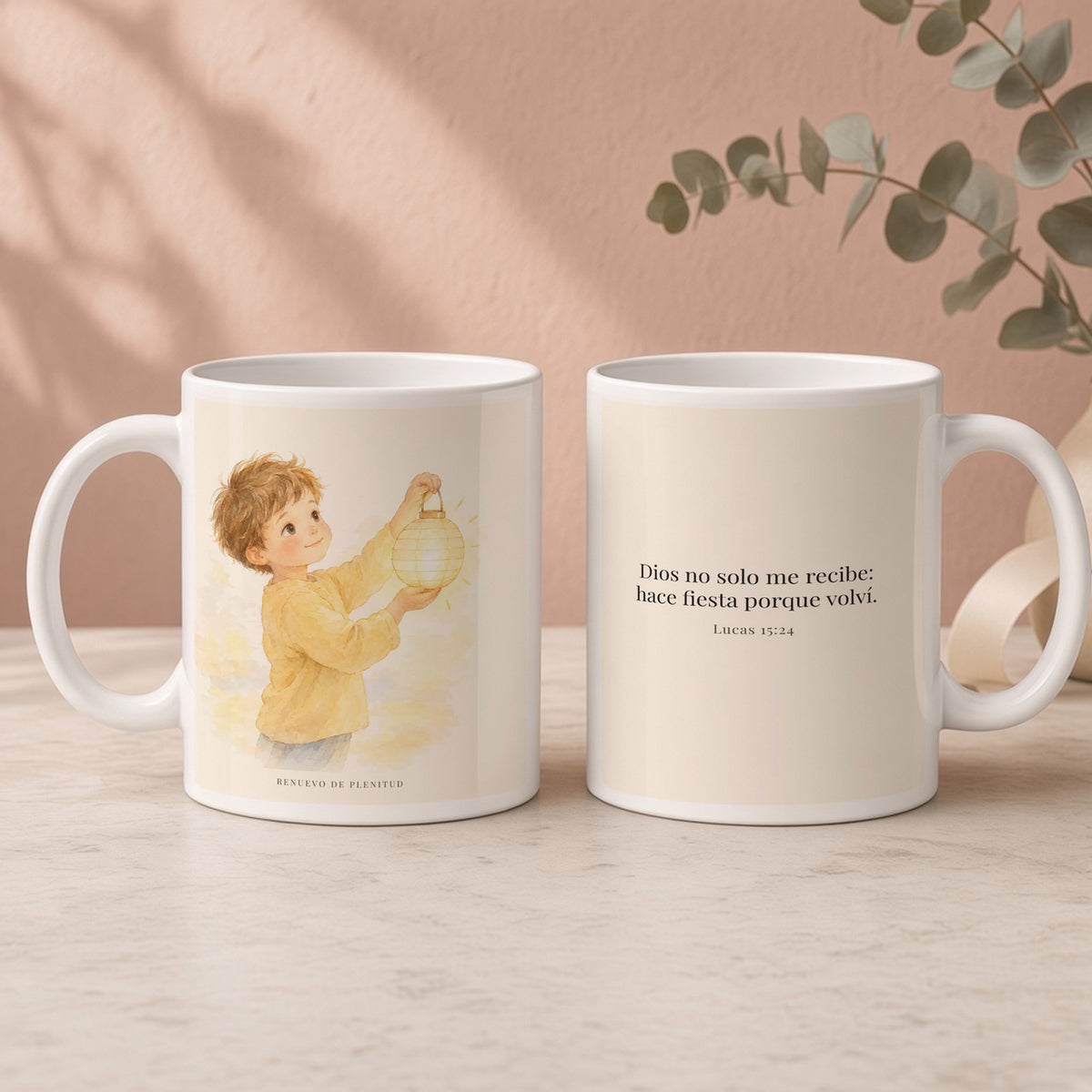 Era tiempo de hacer fiesta y regocijarnos | Taza de inspiración bíblica | Lucas 15:24 — 15oz · Regalo rosa empolvado, arte y frase devocional en dos tazas