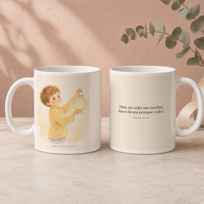 Era tiempo de hacer fiesta y regocijarnos | Taza de inspiración bíblica | Lucas 15:24 — 15oz · Regalo rosa empolvado, arte y frase devocional en dos tazas