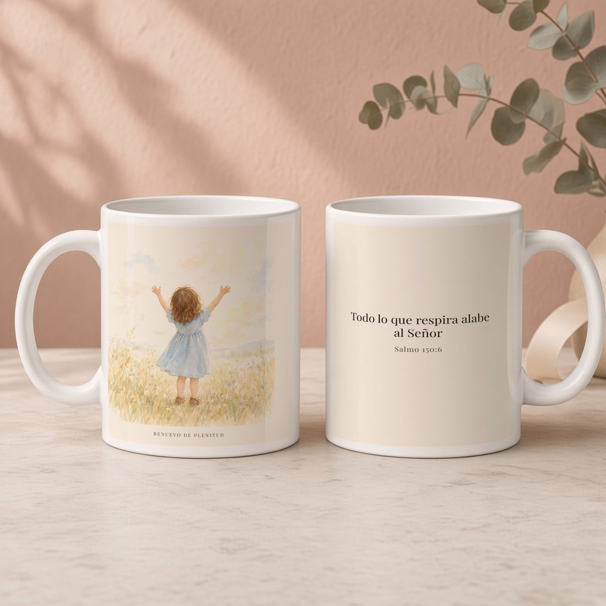 Todo lo que respira alabe a Jehová | Taza con arte cristiano | Salmo 150:6 — 15oz · Regalo rosa empolvado, arte y frase devocional en dos tazas