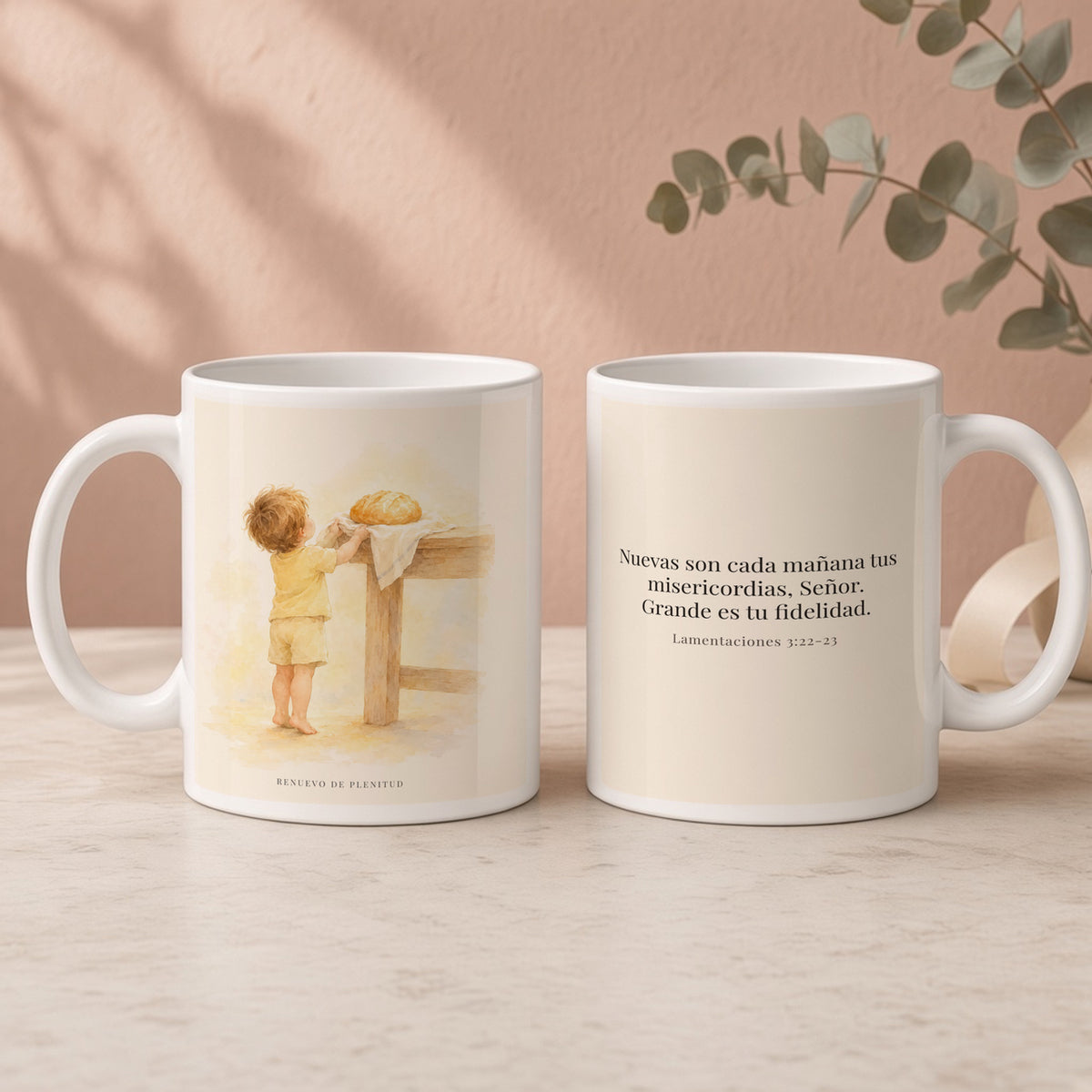 Nuevas son cada mañana tus misericordias | Taza bíblica de cerámica | Lamentaciones 3:22-23 — 15oz · Regalo rosa empolvado, arte y frase devocional en dos tazas
