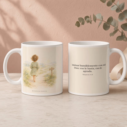 Caminar con Dios es suficiente | Taza de inspiración bíblica | Miqueas 6:8 — 15oz · Regalo rosa empolvado, arte y frase devocional en dos tazas