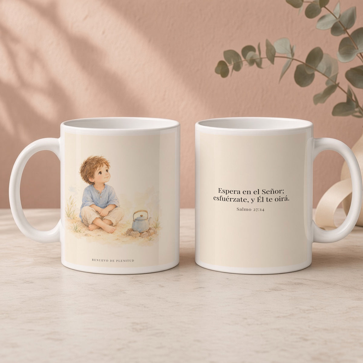 Espera en Jehová, Él te oye | Taza devocional ilustrada | Salmo 27:14 — 15oz · Regalo rosa empolvado, arte y frase devocional en dos tazas