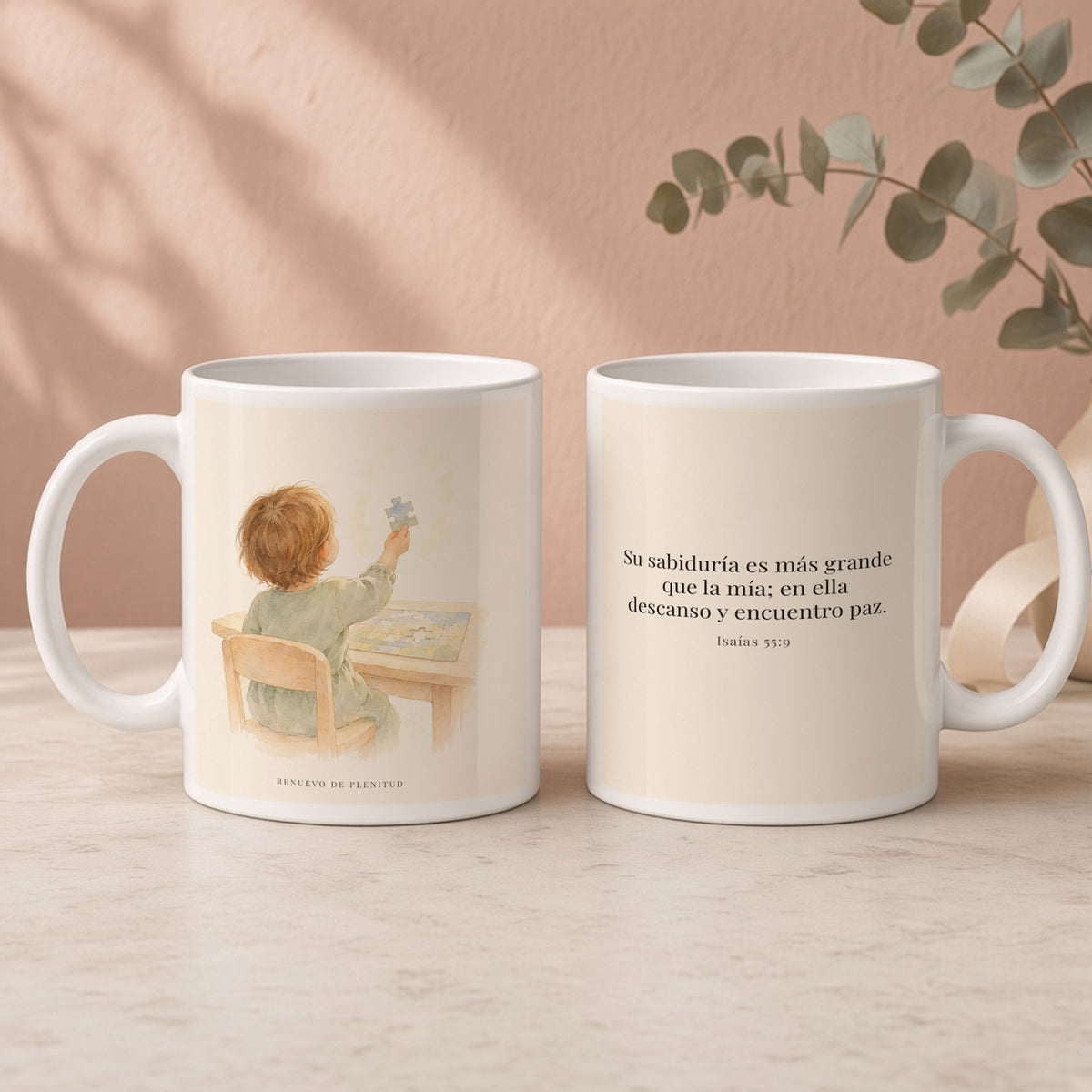 La sabiduría de Dios supera a la mía | Taza cristiana en dos tamaños | Isaías 55:9 — 15oz · Regalo rosa empolvado, arte y frase devocional en dos tazas