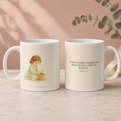El buen Pastor restaura mi alma | Taza devocional de fe | Salmo 23:3 — 15oz · Regalo rosa empolvado, arte y frase devocional en dos tazas