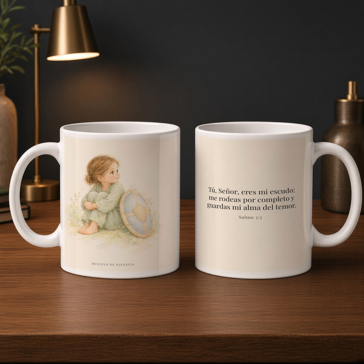 Dios es mi escudo alrededor | Taza cristiana para regalar | Salmo 3:3 — 15oz · Estudio carbón, arte y frase devocional en dos tazas