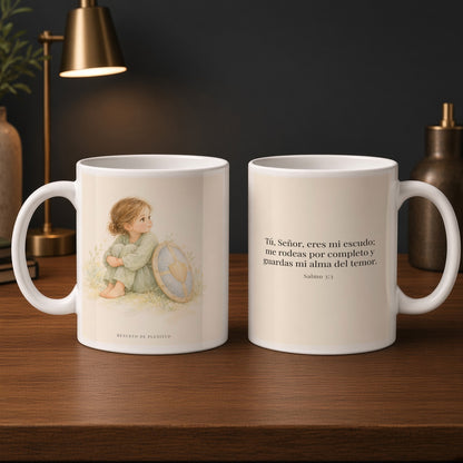 Dios es mi escudo alrededor | Taza cristiana para regalar | Salmo 3:3 — 15oz · Estudio carbón, arte y frase devocional en dos tazas