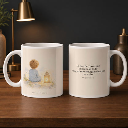 La paz de Dios cuida mi corazón | Taza con arte cristiano | Filipenses 4:7 — 15oz · Estudio carbón, arte y frase devocional en dos tazas