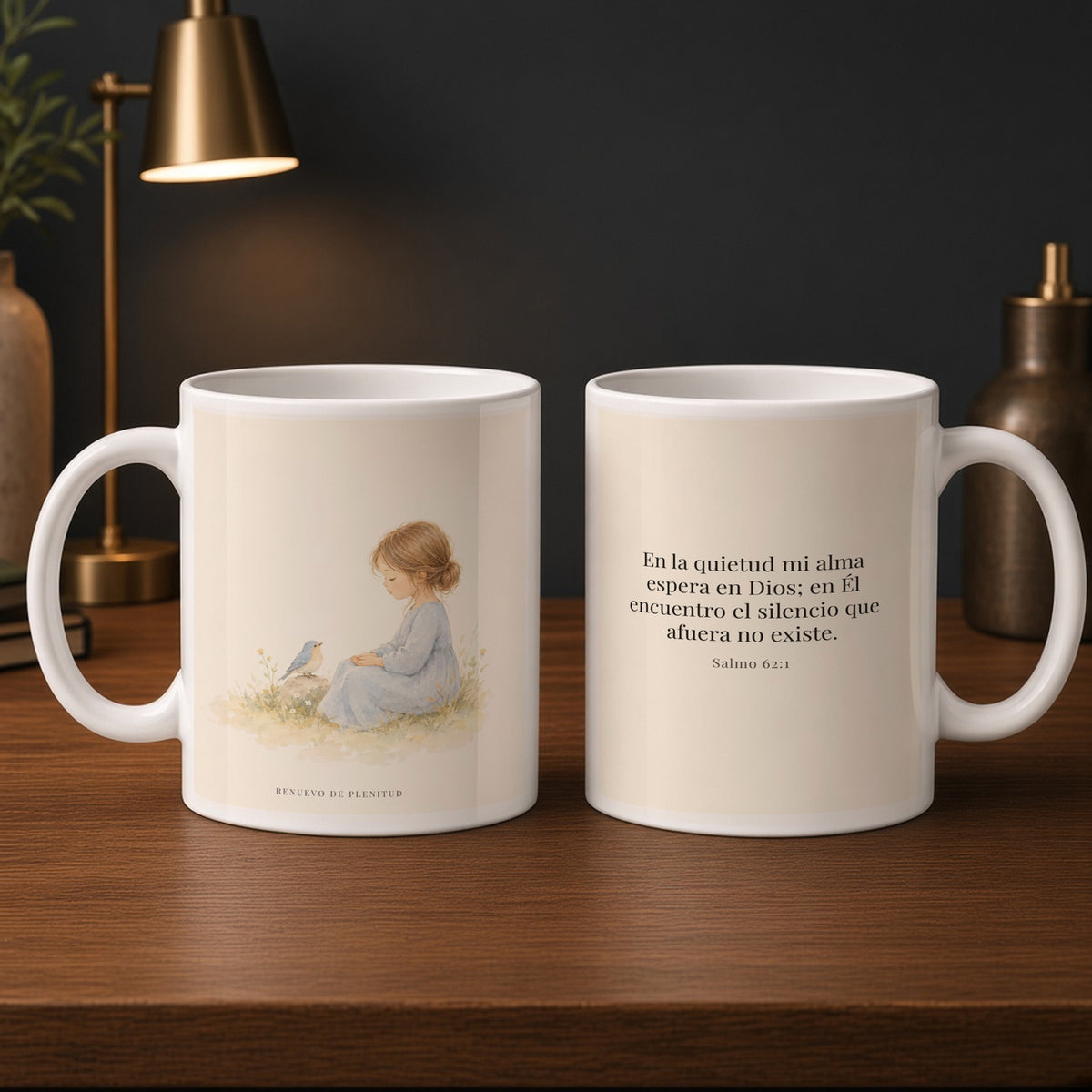 En la quietud, mi alma espera en Dios | Taza cristiana en dos tamaños | Salmo 62:1 — 15oz · Estudio carbón, arte y frase devocional en dos tazas