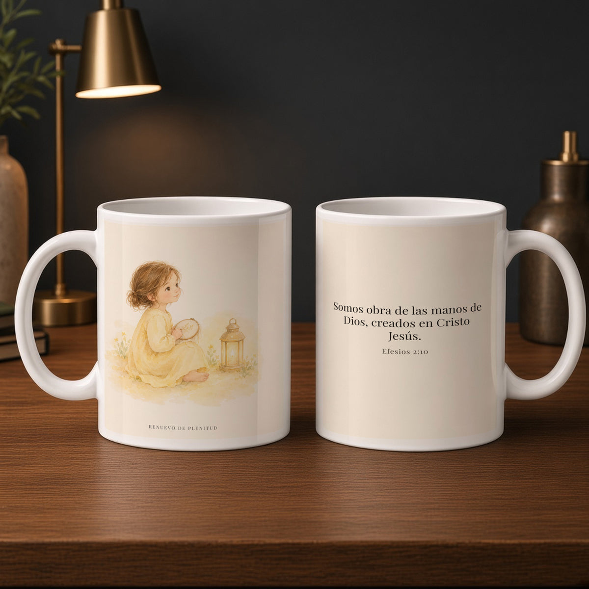 Somos obra de las manos de Dios | Taza con arte cristiano | Efesios 2:10 — 15oz · Estudio carbón, arte y frase devocional en dos tazas