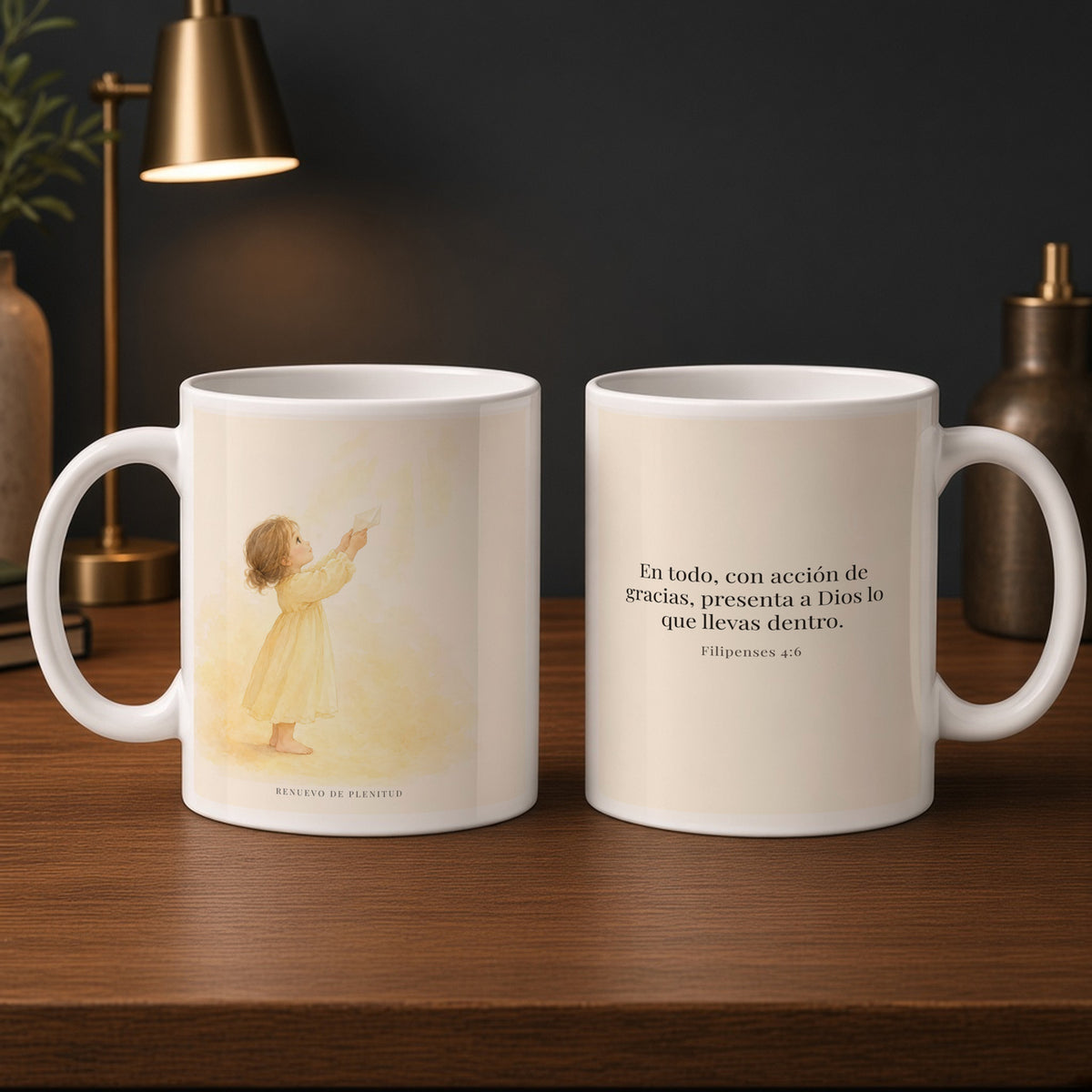 Con acción de gracias, presenta todo a Dios | Taza bíblica para café | Filipenses 4:6 — 15oz · Estudio carbón, arte y frase devocional en dos tazas