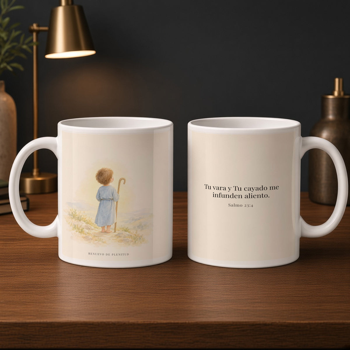 Tu vara y Tu cayado me infunden aliento | Taza cristiana para regalar | Salmo 23:4 — 15oz · Estudio carbón, arte y frase devocional en dos tazas