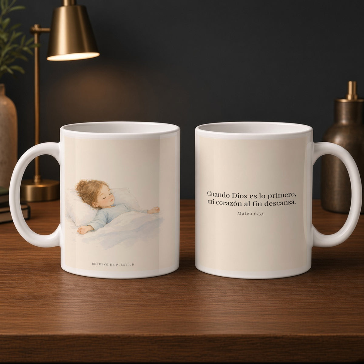 En Dios mi corazón descansa | Taza cristiana para regalar | Mateo 6:33 — 15oz · Estudio carbón, arte y frase devocional en dos tazas
