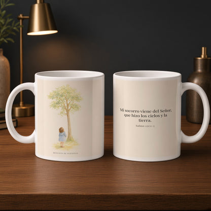 Mi socorro viene de Jehová | Taza con arte cristiano | Salmo 121:1-2 — 15oz · Estudio carbón, arte y frase devocional en dos tazas
