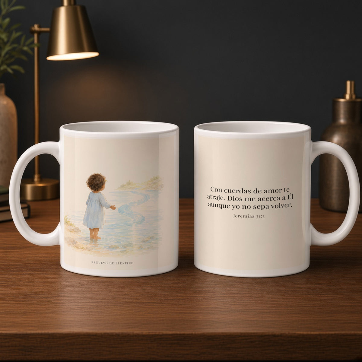 Con cuerdas de amor te atraje | Taza bíblica de cerámica | Jeremías 31:3 — 15oz · Estudio carbón, arte y frase devocional en dos tazas