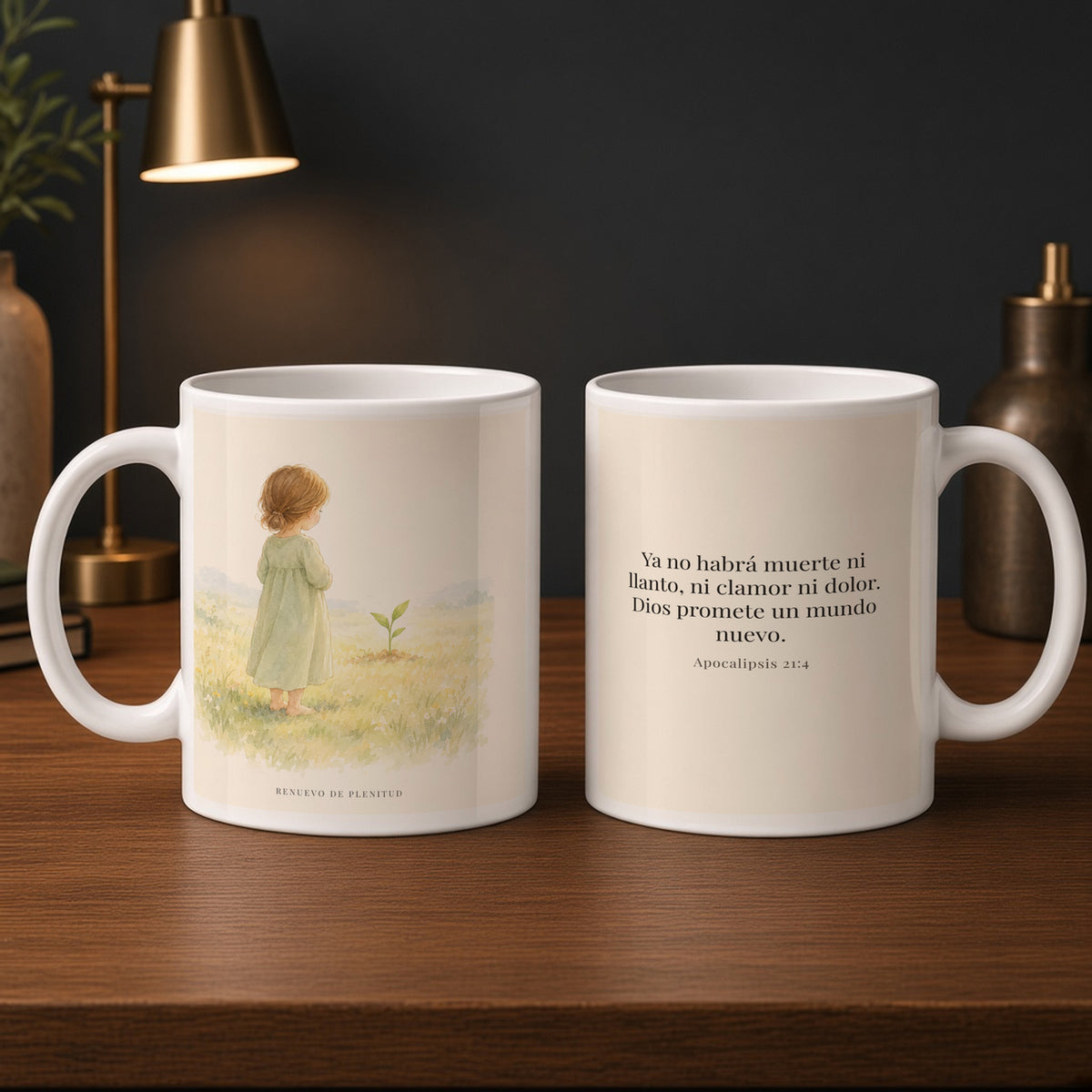 Ya no habrá muerte ni dolor | Taza cristiana para regalar | Apocalipsis 21:4 — 15oz · Estudio carbón, arte y frase devocional en dos tazas