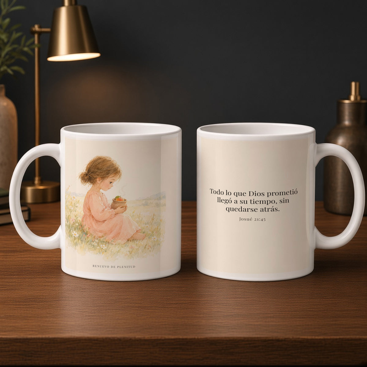 Todo lo que Dios prometió llegó a su tiempo | Taza de fe para cada mañana | Josué 21:45 — 15oz · Estudio carbón, arte y frase devocional en dos tazas