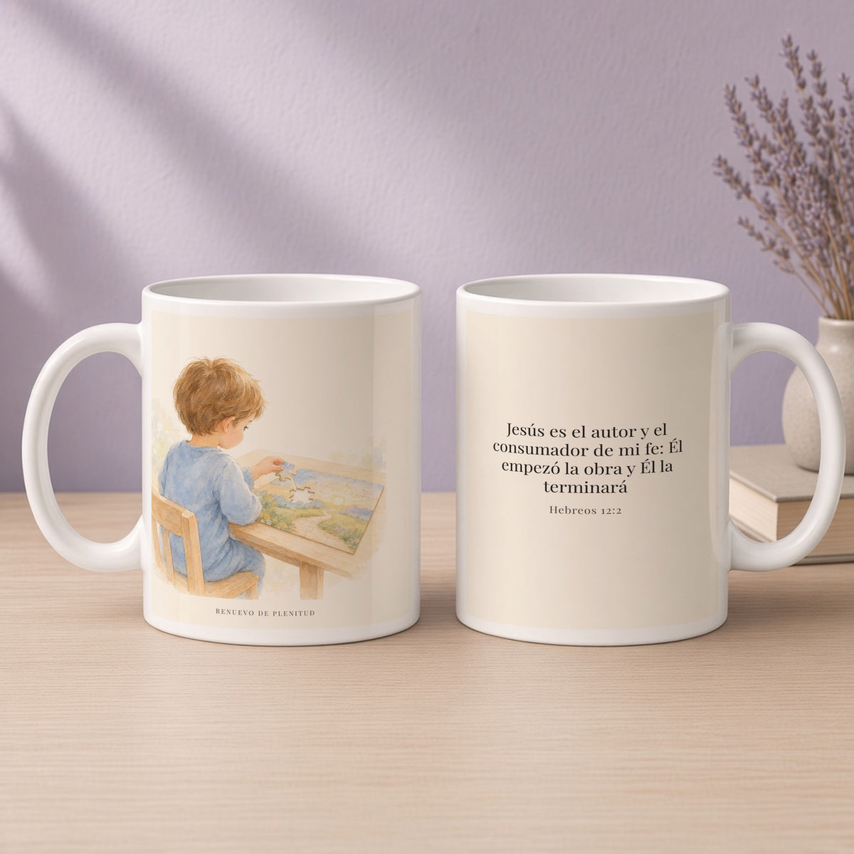 Jesús es el autor y consumador de nuestra fe | Taza cristiana con frase devocional | Hebreos 12:2 — 15oz · Devocional lavanda, arte y frase devocional en dos tazas