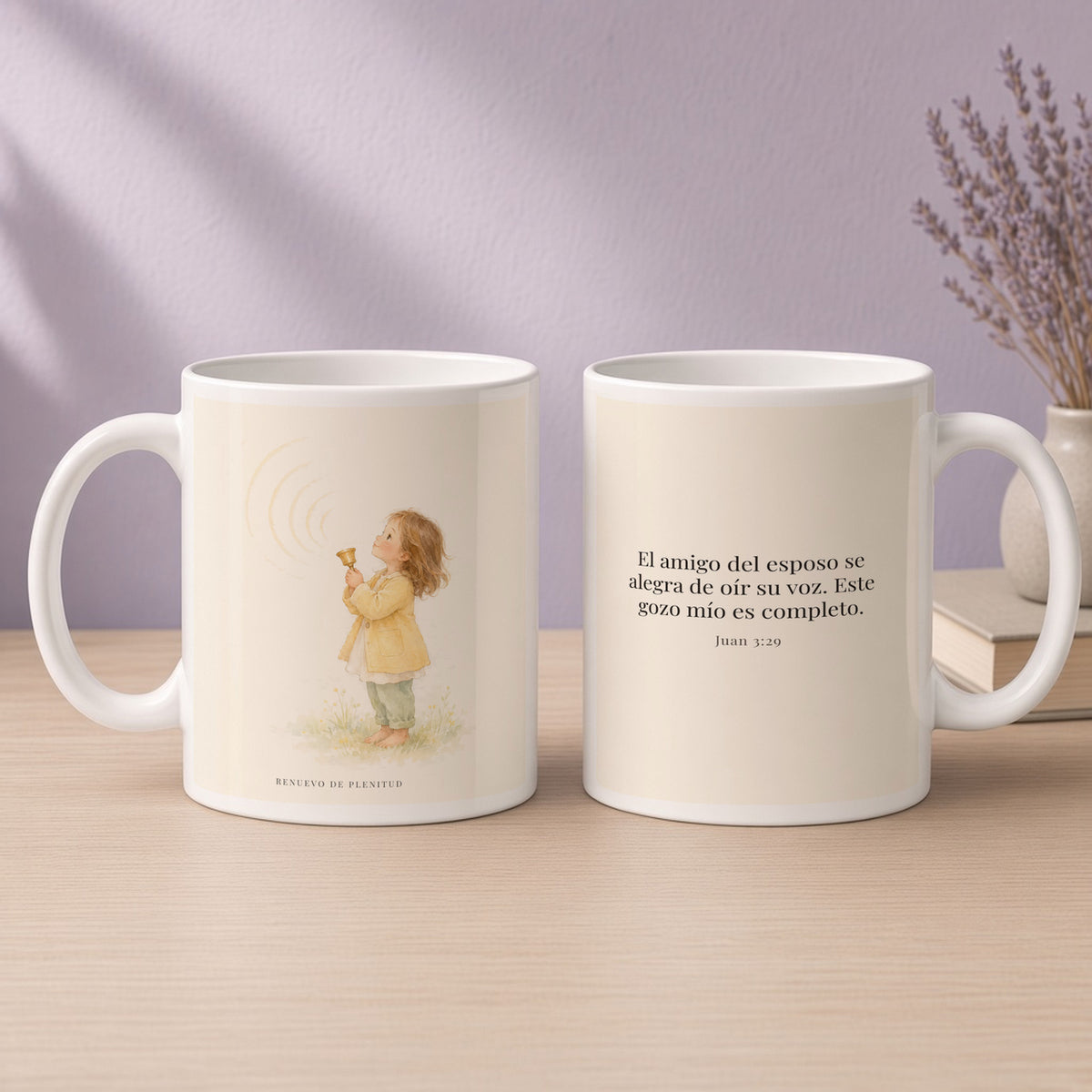 El amigo del esposo se alegra | Taza bíblica de cerámica | Juan 3:29 — 15oz · Devocional lavanda, arte y frase devocional en dos tazas