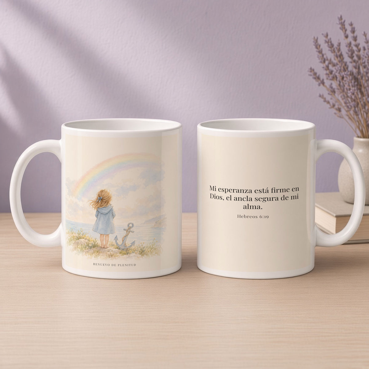Mi esperanza está firme en Dios | Taza con arte cristiano | Hebreos 6:19 — 15oz · Devocional lavanda, arte y frase devocional en dos tazas