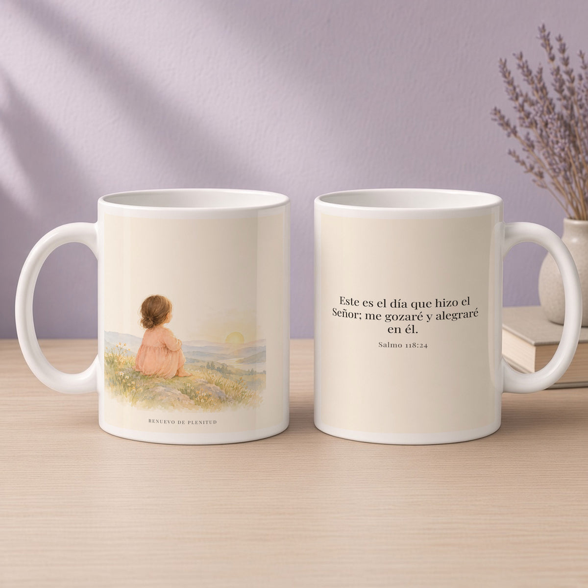 Este es el día que hizo Jehová | Taza cristiana con frase devocional | Salmo 118:24 — 15oz · Devocional lavanda, arte y frase devocional en dos tazas