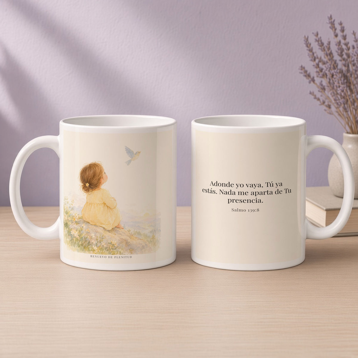 Si subo a los cielos, allí estás Tú | Taza cristiana con frase devocional | Salmo 139:8 — 15oz · Devocional lavanda, arte y frase devocional en dos tazas