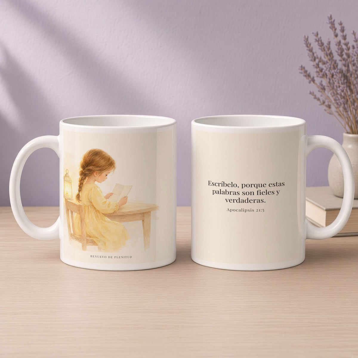Estas palabras son fieles y verdaderas | Taza de fe para cada mañana | Apocalipsis 21:5 — 15oz · Devocional lavanda, arte y frase devocional en dos tazas
