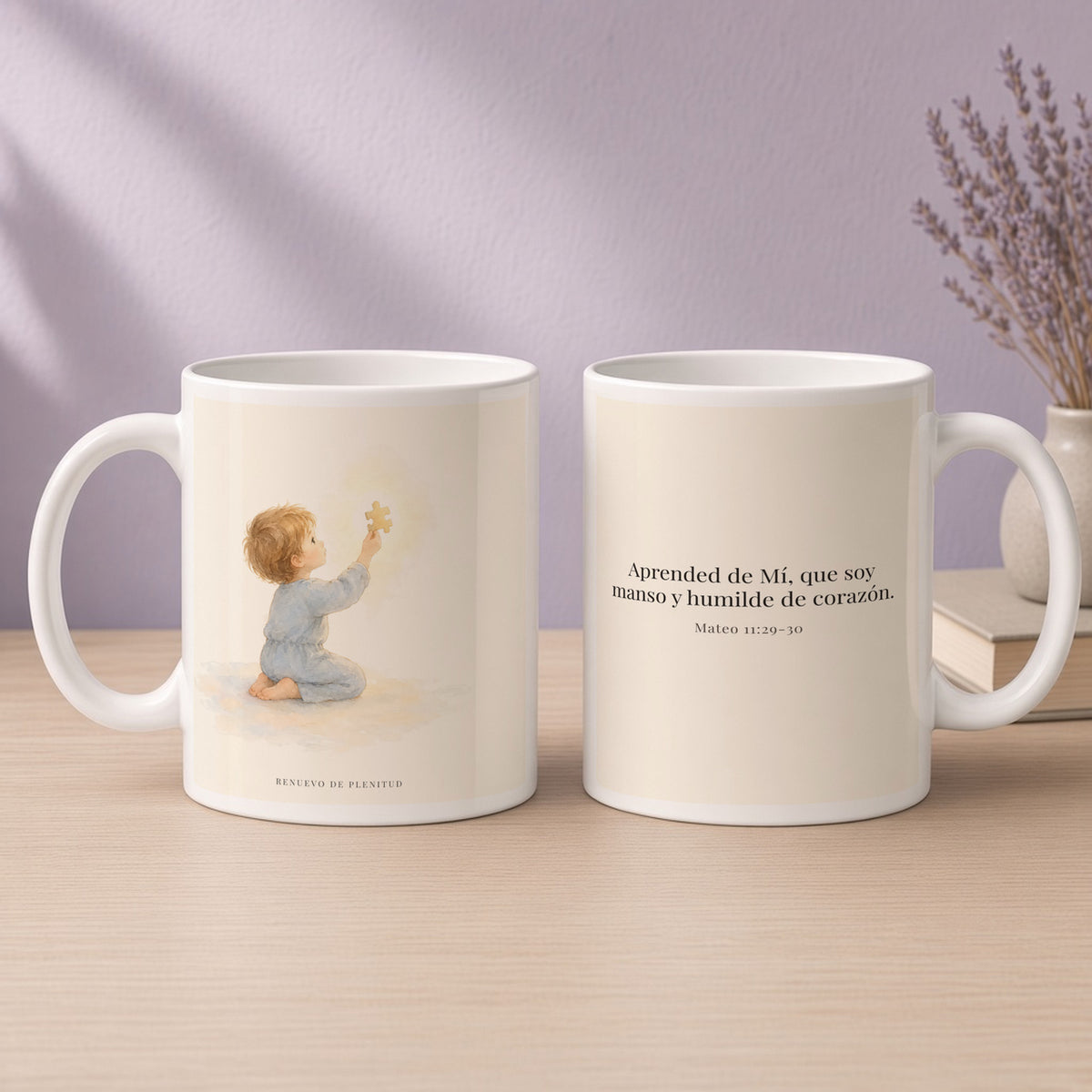 Aprended de Mí, que soy manso y humilde | Taza cristiana en dos tamaños | Mateo 11:29-30 — 15oz · Devocional lavanda, arte y frase devocional en dos tazas