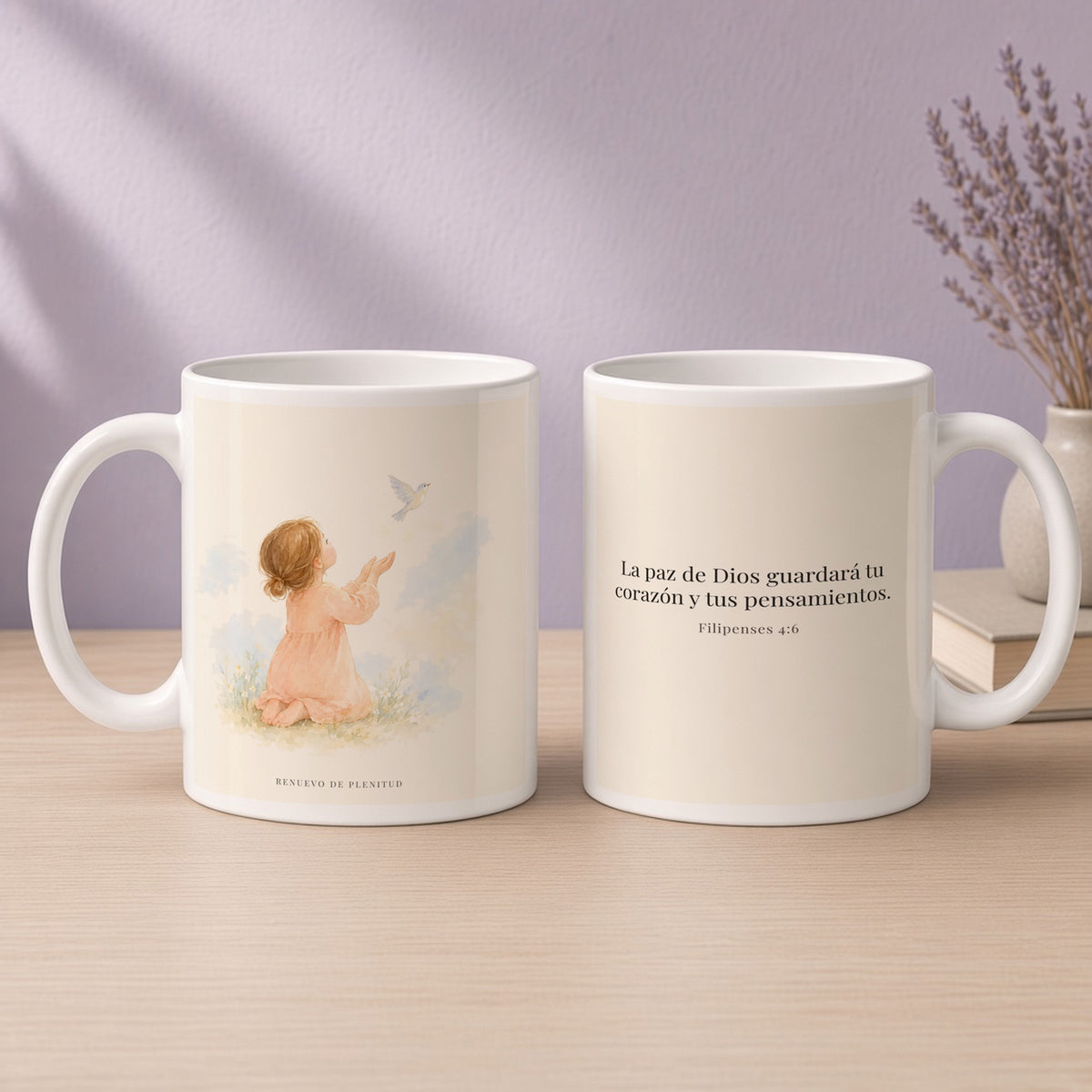 La paz de Dios guardará tu corazón | Taza cristiana con frase devocional | Filipenses 4:6 — 15oz · Devocional lavanda, arte y frase devocional en dos tazas