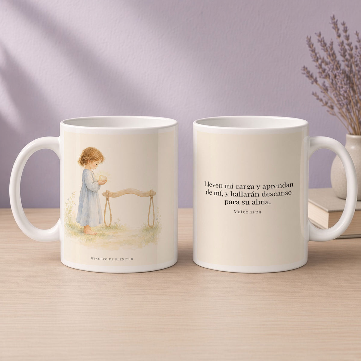 Yo te daré descanso para tu alma | Taza devocional ilustrada | Mateo 11:29 — 15oz · Devocional lavanda, arte y frase devocional en dos tazas