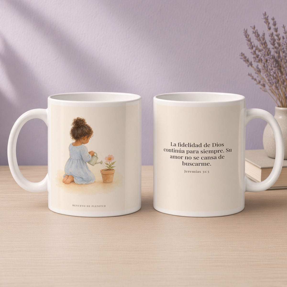 Tu fidelidad continúa para siempre | Taza cristiana con frase devocional | Jeremías 31:3 — 15oz · Devocional lavanda, arte y frase devocional en dos tazas