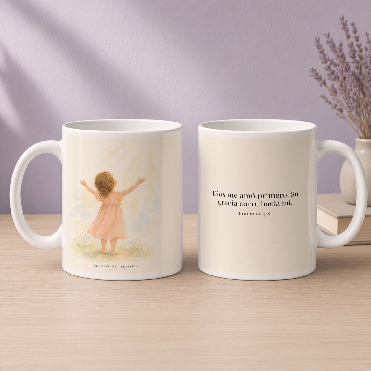 Cristo murió por mí cuando yo aún era pecador | Taza cristiana con frase devocional | Romanos 5:8 — 15oz · Devocional lavanda, arte y frase devocional en dos tazas