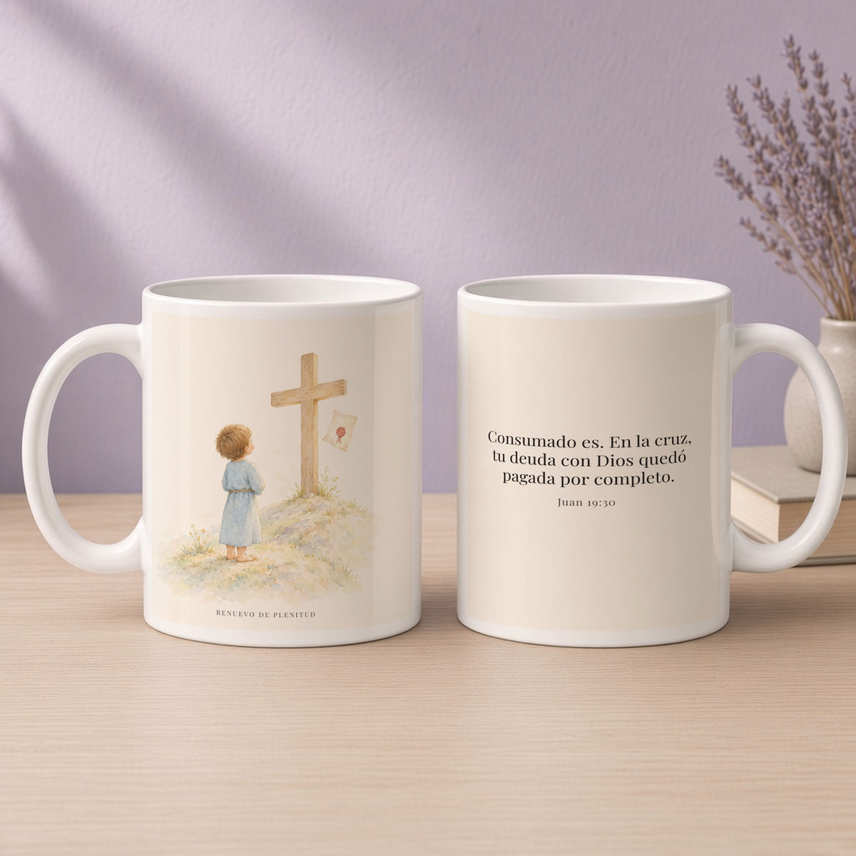 Consumado es: mi deuda quedó pagada | Taza cristiana con frase devocional | Juan 19:30 — 15oz · Devocional lavanda, arte y frase devocional en dos tazas