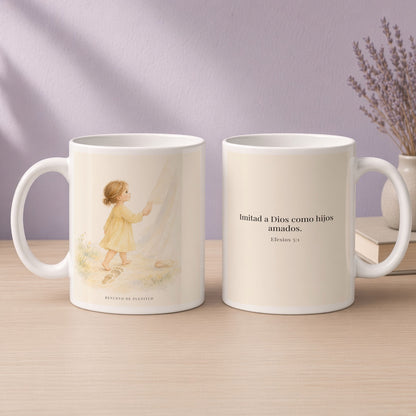 Imitad a Dios como hijos amados | Taza bíblica de cerámica | Efesios 5:1 — 15oz · Devocional lavanda, arte y frase devocional en dos tazas