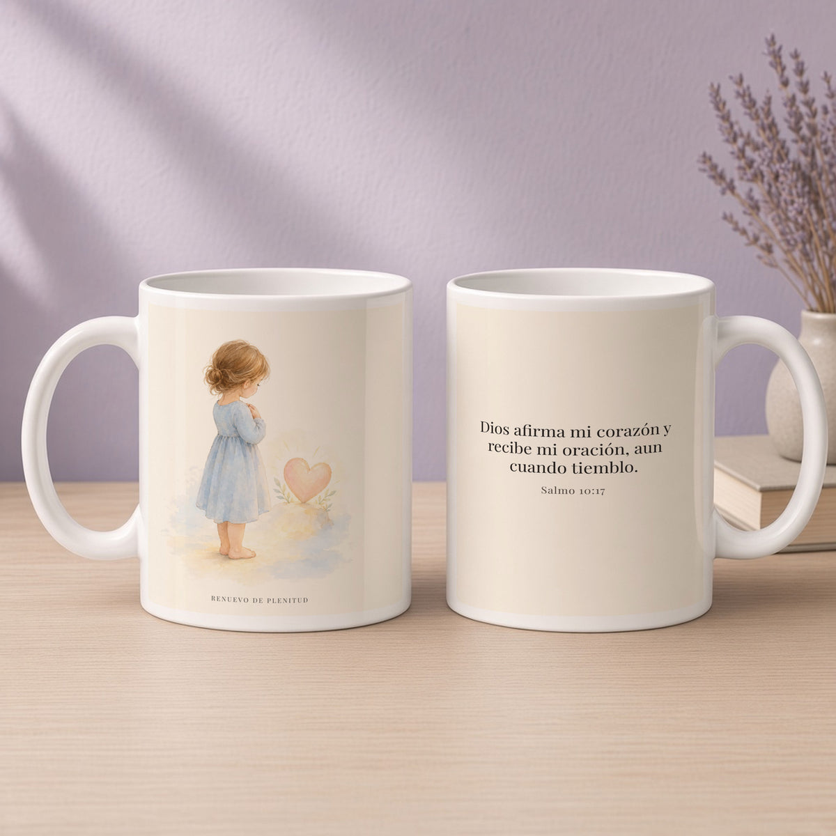 Dios dispone mi corazón cuando oro | Taza de inspiración bíblica | Salmo 10:17 — 15oz · Devocional lavanda, arte y frase devocional en dos tazas