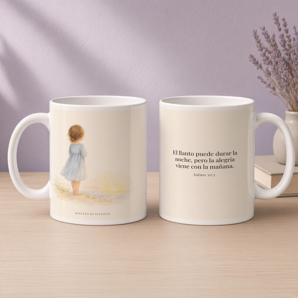 Al llanto le sigue la alegría | Taza de fe para cada mañana | Salmo 30:5 — 15oz · Devocional lavanda, arte y frase devocional en dos tazas